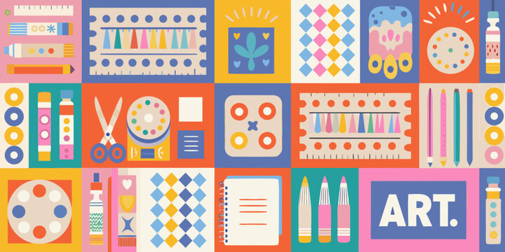 art supplies pattern colorful grid of stationery and drawing tools