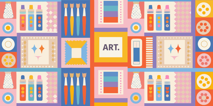 art supplies pattern colorful grid with paintbrushes and crayons