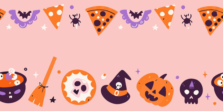 halloween border with pumpkins bats and pizza slices vector illustration