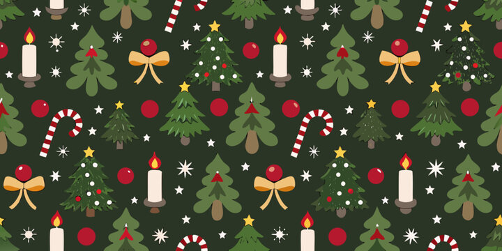 christmas seamless pattern with trees candles and candy canes
