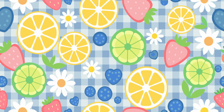 fruit pattern with lemons strawberries and blueberries on blue gingham