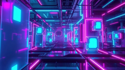 Fototapeta premium Futuristic corridor. Neon lights illuminate metallic walls, creating endless reflections. Complex circuitry defines space.