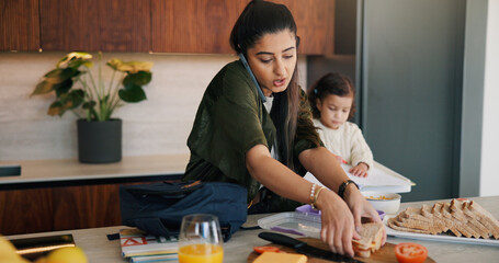 Daughter, lunch and phone call with mother packing in kitchen for multitasking or preparation. Busy, getting ready and food with single parent making school snack for girl child in apartment © peopleimages.com