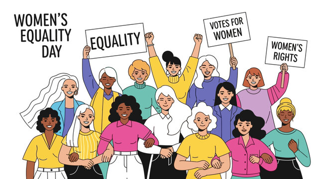 Women Equality Day Demonstration with Diverse Women Holding Signs