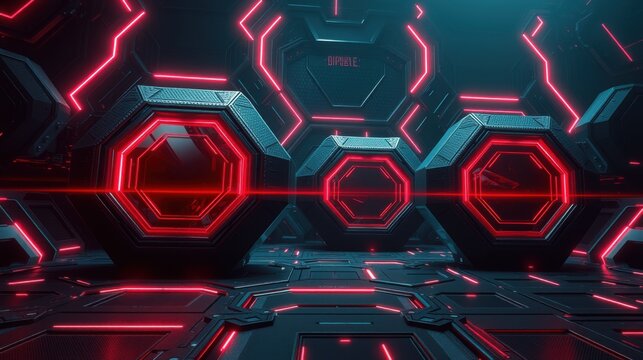 Futuristic interior. Dark metallic surfaces illuminated by vibrant red neon lights. Hexagonal structures dominate space, creating immersive environment.