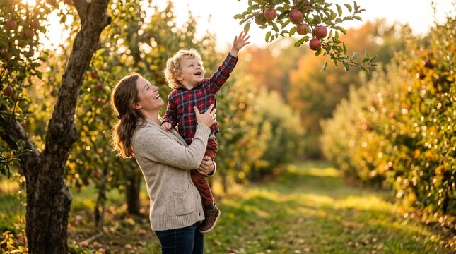 Smiling mother helps her happy son pick fresh apples in a sunny autumn orchard.