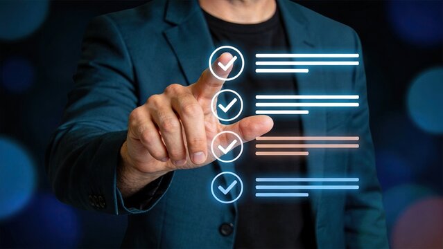Digital checklist with checkmarks on virtual screen, task management and project planning concept for productivity and organization in modern workplace