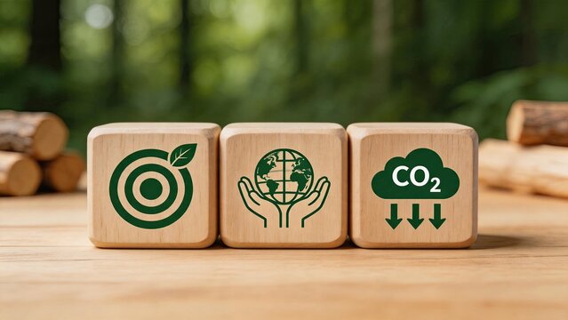 Wooden blocks with CO2 emissions and earth icons, environmental sustainability and climate change concept for green energy and carbon footprint reduction