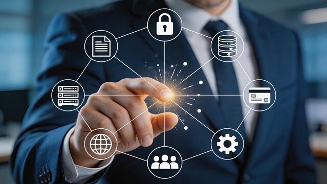 Cyber security network protection system, businessman touching digital lock icon connected to database and servers, ensuring data privacy and information safety in cloud computing