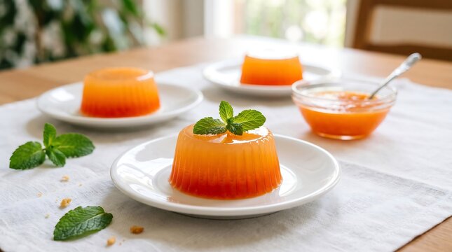 Delicious orange jelly desserts with fresh mint leaves on white plates and a bowl of sauce