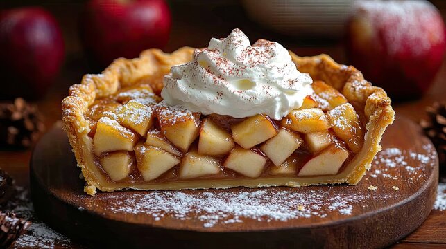 A half apple pie topped with whipped cream on wooden board with red apples. Use for holiday baking, seasonal desserts, or Thanksgiving recipe promotions.