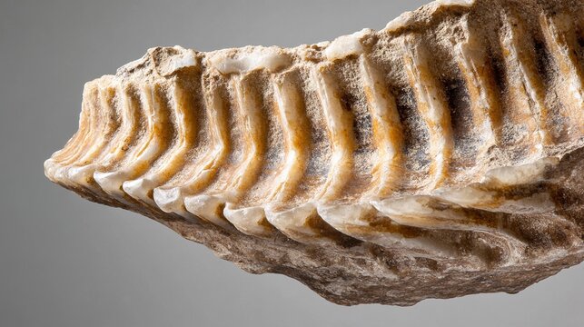 apportionment. Close-up of a mammoth molar fossil with distinct ridges and texture. STEM education sheets, lab safety posters, designed for biotech research communications, used by ui designers.