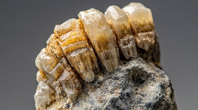 apportionment. Close-up of a mammoth molar fossil with distinct ridges and texture. STEM education sheets, lab safety posters, designed for biotech research communications, used by ui designers.