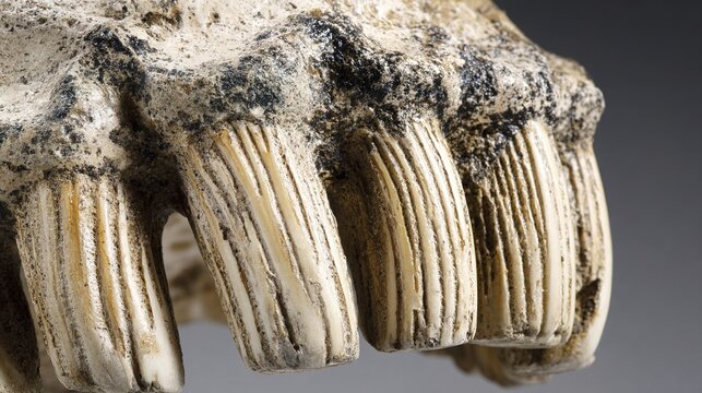 apportionment. Close-up of a mammoth molar fossil with distinct ridges and texture. STEM education sheets, lab safety posters, designed for biotech research communications, used by ui designers.
