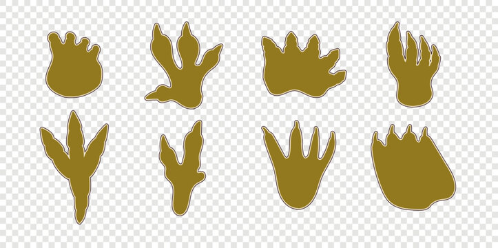 Dinosaur Footprint Silhouette Set in Transparent Png Bg. Dino Dragon Print Foot Paw Bundle. Dinosaur Footprint Track Kit. Doodle Vector Illustration