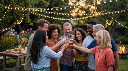 Naklejka premium Group of diverse friends raising beer glasses for a toast at an outdoor garden party with string lights and a bokeh evening background