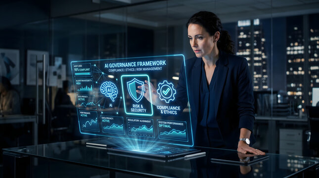 AI governance framework dashboard showing risk, ethics, privacy, security and compliance controls