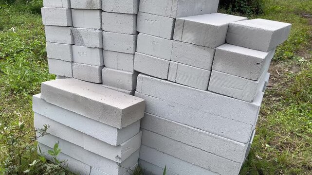 Stack of lightweight concrete blocks on construction site