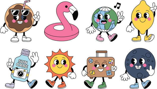 Cute summer vacation cartoon mascot collection featuring sun globe lemon moon flamingo suitcase and sunscreen vector illustration set