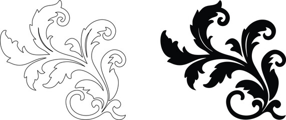 Fototapeta premium Abstract ornate floral element or baroque scrollwork black color outline and solid style vector.