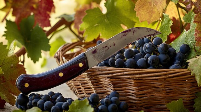 pruning. Curved pruning knife with soil traces beside a basket of black grapes. event programs, museum guides, designed for cultural heritage projects and event programs, preserves heritage.