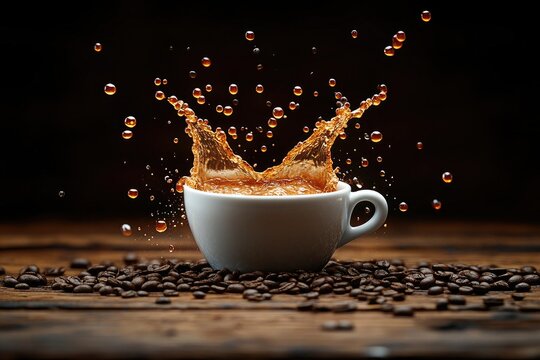 Coffee splashes in a white cup surrounded by roasted beans on wood surface. Showcase the rich aroma, the caffeine boost, or coffee shop ambiance.
