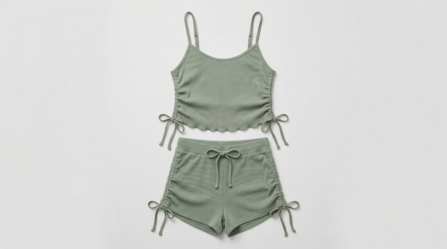 Green two-piece swimsuit with tie details.