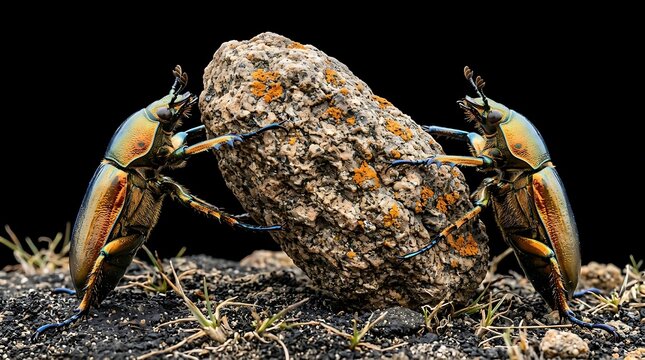 Stag beetles fighting over a rock in a dramatic display of insect strength and power