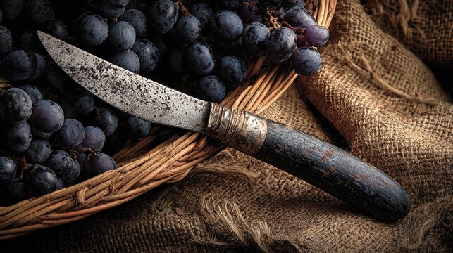 pruning. Curved pruning knife with soil traces beside a basket of black grapes. event programs, museum guides, designed for cultural heritage projects and event programs, preserves heritage.