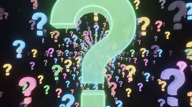 Colorful Question Marks Floating in Dark Space Abstract Background.