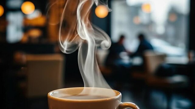 Steaming coffee cup in a cafe setting, perfect for breakfast or a relaxing break, with blurred