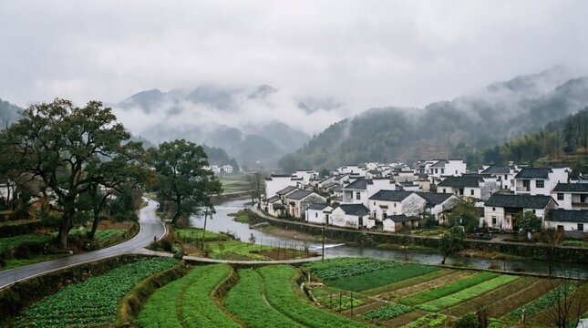 Serene rural village landscape with white houses and lush green fields