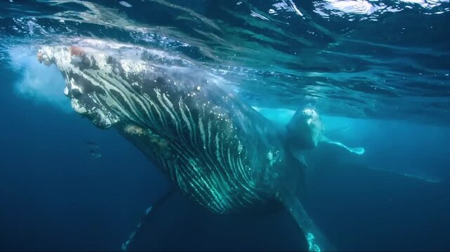 Gentle mother humpback whale and her curious newborn calf swimming together in the blue ocean