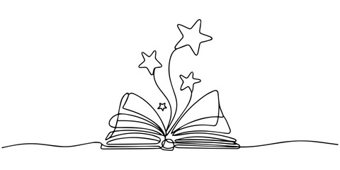 Opened book with flying page and stars in one continuous line drawing, symbolizing magic of reading, Opened book with flying page and stars in one continuous line drawing. Magic of reading © Parboti