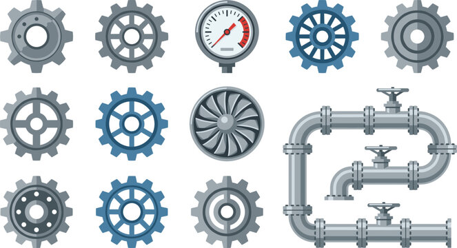 Industrial machinery icons collection, mechanical gears, pressure gauge, turbine fan, pipeline valves, engineering equipment vector illustration set design