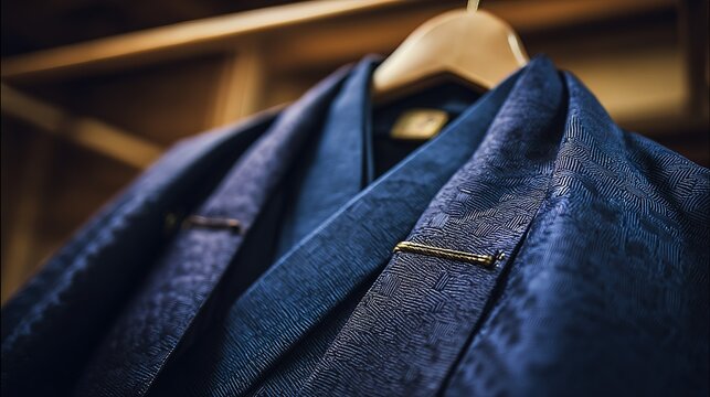 infamy. Japanese samurai formal attire on a wooden hanger, studio lighting. event programs, museum guides, designed for cultural heritage projects and event programs, supports education.