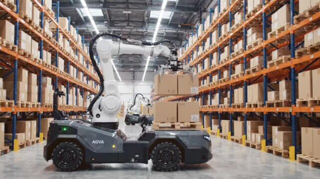 Automated robot arm picks up boxes on pallet in modern warehouse with high racks logistic automated warehouse robot arm motion.