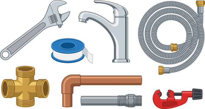 Plumbing repair tools and fittings collection with wrench, faucet, hose, valve, pipe, connector, and tape for home maintenance design illustration
