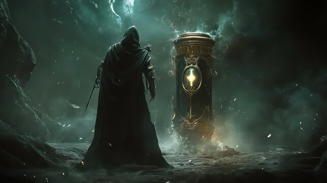 A cloaked figure stands before a glowing golden artifact in a dark and stormy landscape.