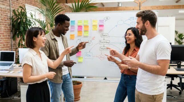 Strategic Collaboration: A group of professionals gathers around a whiteboard, engaged in an animated discussion, brainstorming ideas, and mapping out a plan for project success.