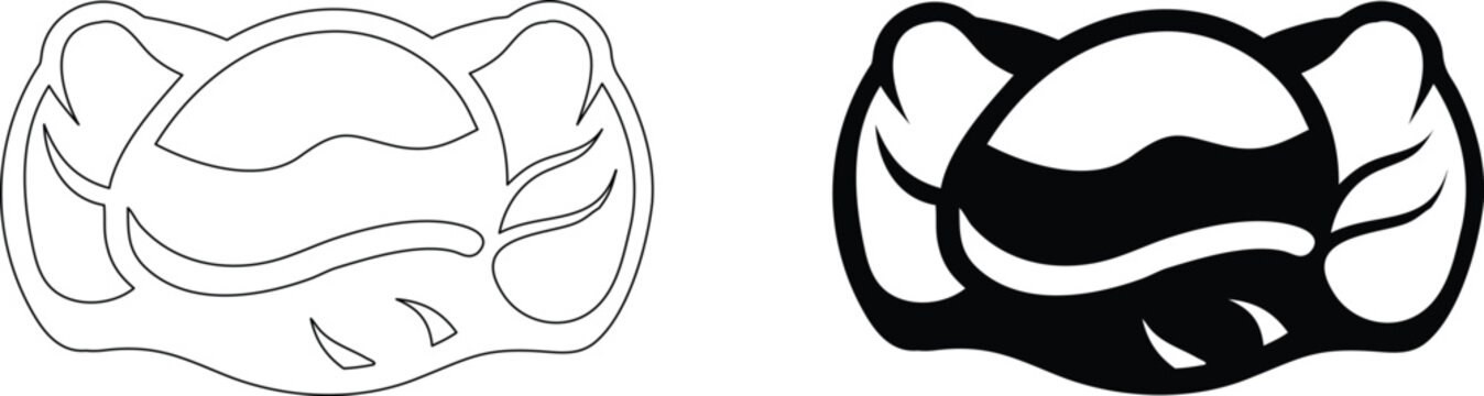 Illustration of a cat face with leaves, black and white, outline and silhouette versions.