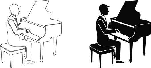 Male musician playing grand piano outline and silhouette icons on transparent background set. © kajallata