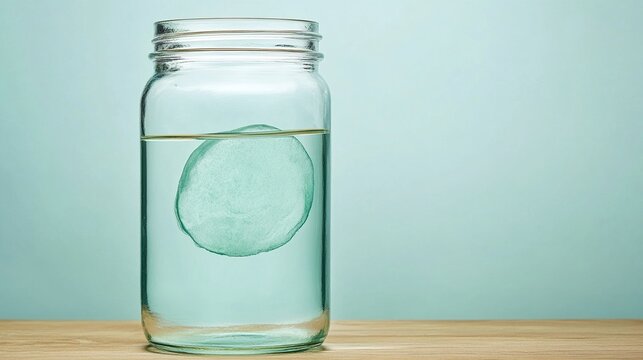 substance. A gelatinous, opaque disk floating in a clear glass jar on a wooden table. STEM education sheets, lab safety posters, designed for STEM education and laboratory safety posters.