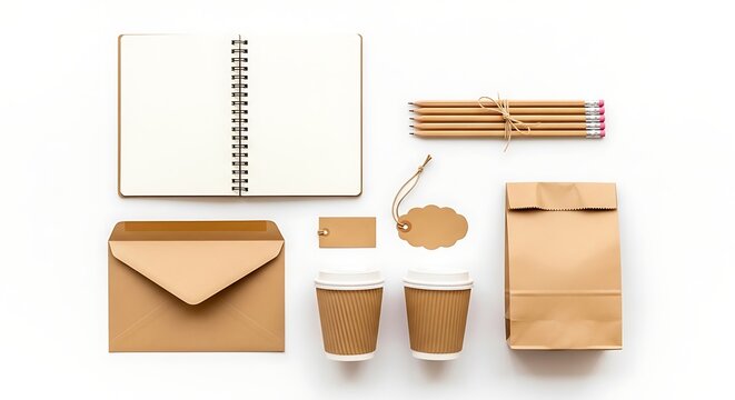 Assorted stationery and packaging items arranged neatly on a flat surface