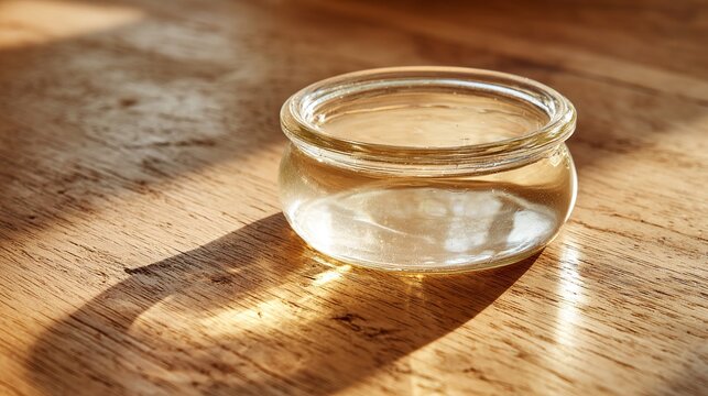 substance. A gelatinous, opaque disk floating in a clear glass jar on a wooden table. STEM education sheets, lab safety posters, designed for STEM education and laboratory safety posters.
