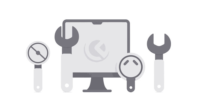 3D Computer Repair and Technical Support Icons with Wrenches and Monitor for IT Maintenance and Software Troubleshooting
