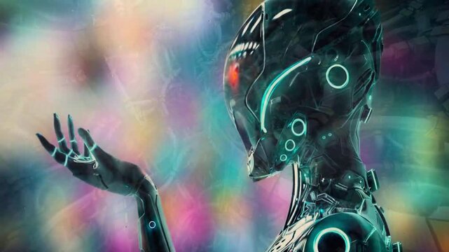 Humanoid Robot Profile with Glowing Tech Elements over a Colorful Sci-Fi Background.
