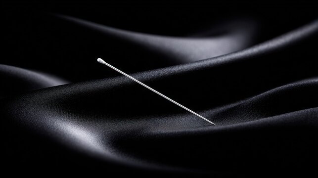 acupuncture. Slender silver acupuncture needle on dark silk fabric. STEM education sheets, lab safety posters, designed for STEM education and laboratory safety posters.
