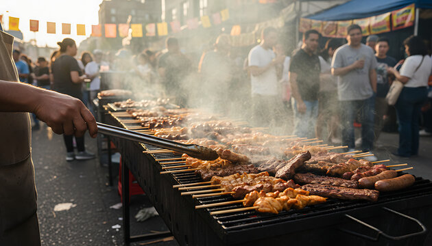 A bustling street food market comes alive with the tantalizing aroma of expertly grilled meats on skewers, prepared by a vendor for hungry onlookers at a vibrant outdoor festival
