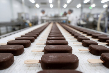 Obraz premium Numerous chocolate dipped ice cream bars arranged perfectly on a clean factory conveyor belt